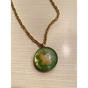 Vintage jade-colored pendant necklace -- gold with hand-painted flowers